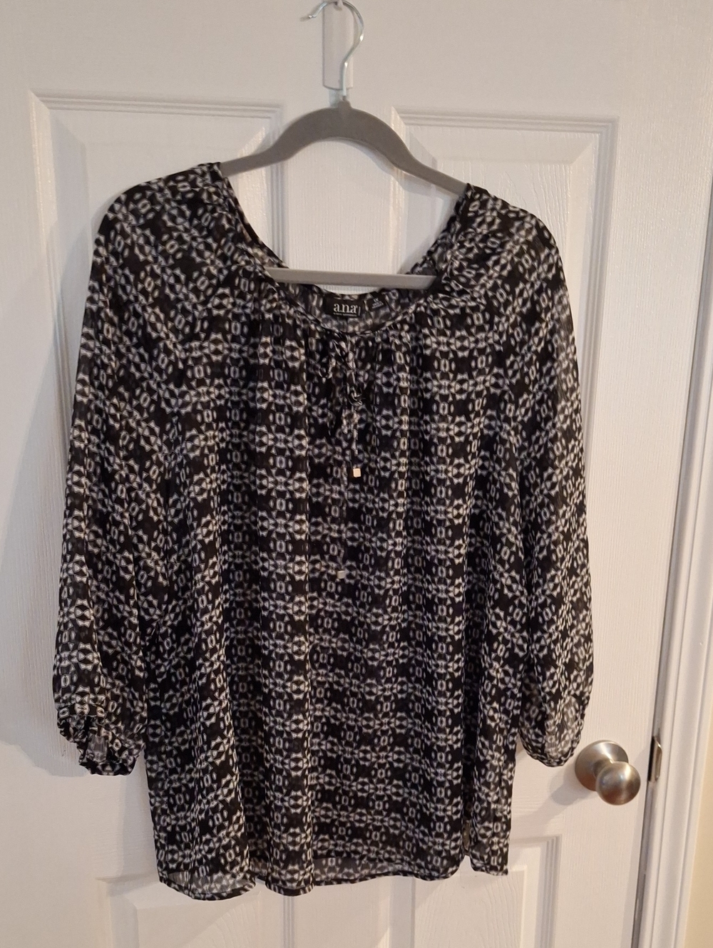 a.n.a Black & White Geometric Tie-Neck Sheer Blouse
